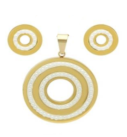 Modern Round Bullseye Design With Micro Pearl Stone Pendant Earring Steel Set