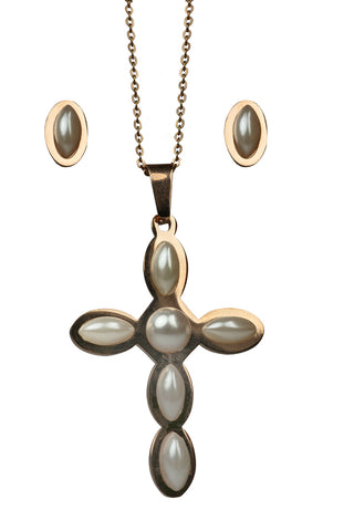 Modern Fresh Water Pearl Cross Necklace Earring Steel Set