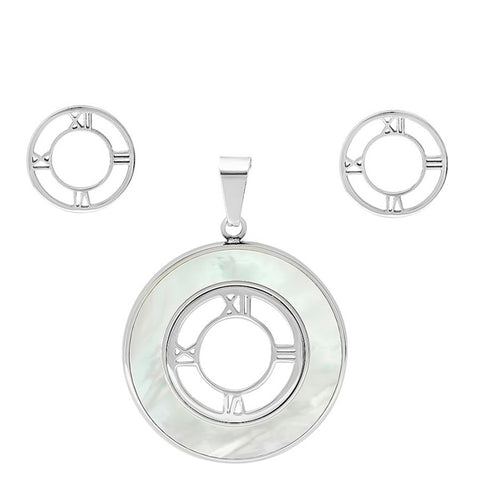 Classic Modern Large Round MOP With Roman Numeral Pendant Earring Steel Set