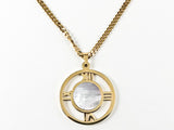 Classic Large Round Center Mother Of Pearl Open Roman Numeral Necklace Earring Steel Set