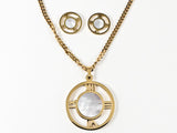 Classic Large Round Center Mother Of Pearl Open Roman Numeral Necklace Earring Steel Set