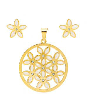 Elegant Large Round Flower Of Life With Synthetic Pearl Pendant Earring Steel Set