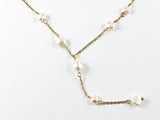 Modern Multi Pearl Strand Tie Design Gold Tone Necklace Earring Steel Set