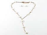 Modern Multi Pearl Strand Tie Design Gold Tone Necklace Earring Steel Set