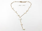 Modern Multi Pearl Strand Tie Design Gold Tone Necklace Earring Steel Set