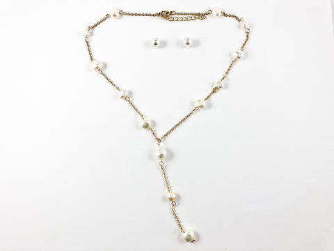Modern Multi Pearl Strand Tie Design Gold Tone Necklace Earring Steel Set