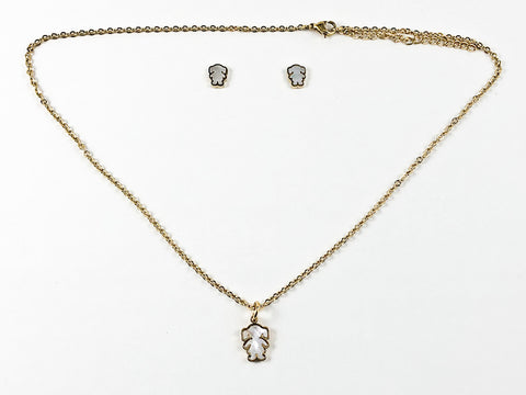 Modern Mother Of Pearl Girl Figure Design Gold Tone Necklace Earring Steel Set