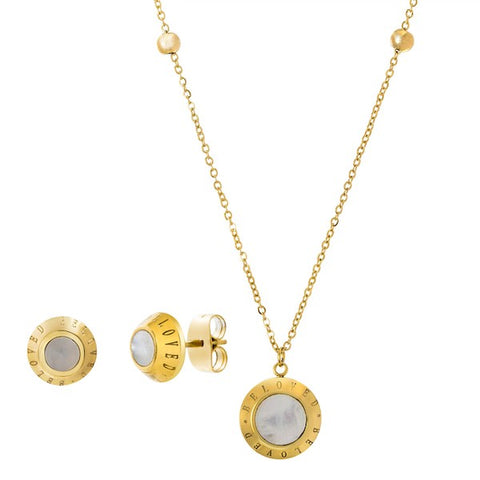Modern Mother Of Pearl Disc Design Necklace Earring Steel Set.