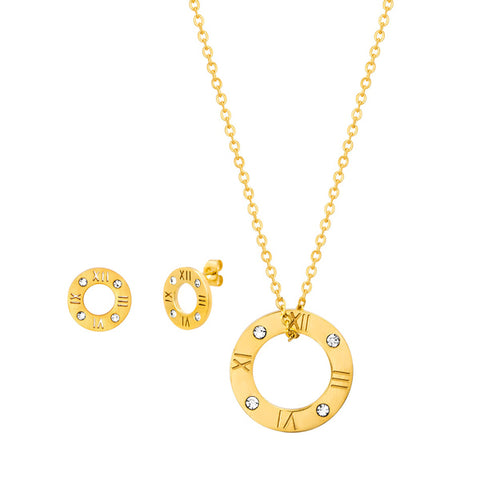 Modern Roman Numeral Open Circle Crystal Necklace Earring Steel Set