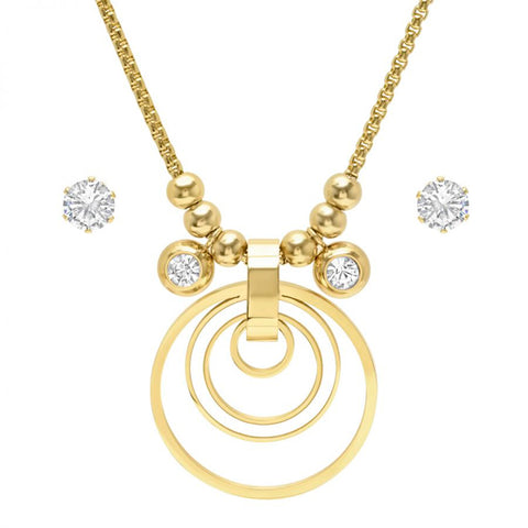 Elegant Fine Layered Circle With Mother Of Pearl Bezel CZ Charm CZ Stud Earring Necklace Gold Tone Steel Set