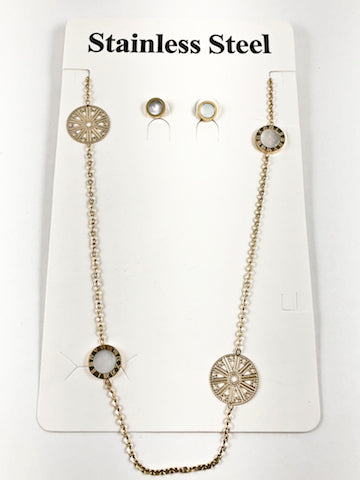 Unique Mix Round Disc Design With Mother Of Pearl & Roman Numerals Design Long Gold Tone Steel Necklace & Earrings Set