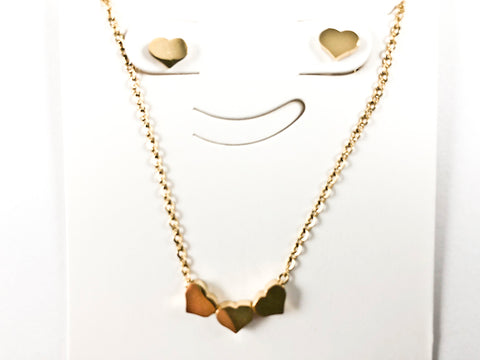 Cute Triple Micro Heart Pendant Single Heart Gold Tone Earring Necklace Steel Set