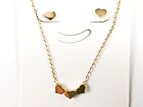 Cute Triple Micro Heart Pendant Single Heart Gold Tone Earring Necklace Steel Set
