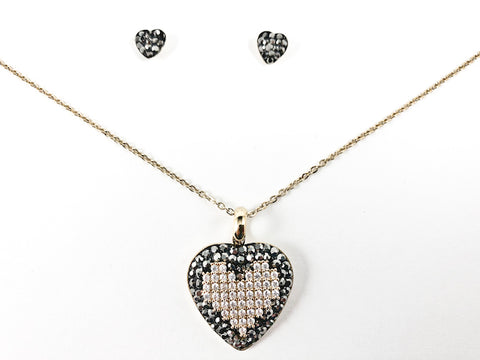 Unique Beaded Crystal Stone Heart Design Pendant & Earring Necklace Gold Tone Steel Set