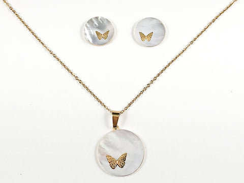 Beautiful Round Mother Of Pearl Disc With Cute Butterfly Design Gold Tone Earring Necklace Set
