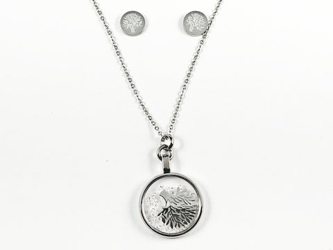 Beautiful Round Glass With Inside Tree Of Life Design Silver Tone Earring Necklace Set