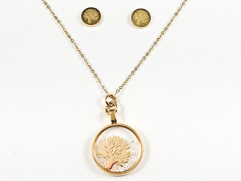 Beautiful Round Glass With Inside Tree Of Life Design Gold Tone Earring Necklace Set