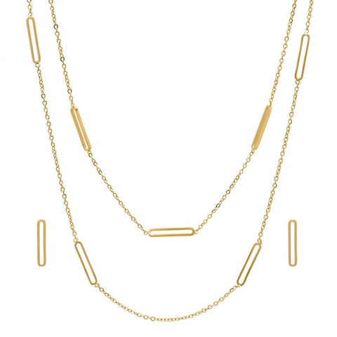 Beautiful Layered Dainty Paper Clip Style Posts Gold Tone Earring Necklace Steel Set