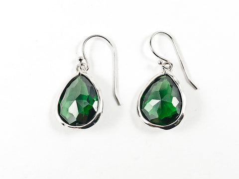 Nice Single Tear Drop Detailed Cut Emerald Color CZ Fish Hook Silver Earrings