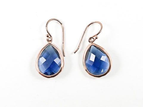 Nice Single Tear Drop Detailed Cut Sapphire Color CZ Pink Gold Tone Fish Hook Silver Earrings