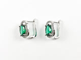 Beautiful Layered Oval Shape Center Emerald Color CZ Latch Back Silver Earrings