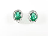 Beautiful Layered Oval Shape Center Emerald Color CZ Latch Back Silver Earrings