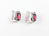 Beautiful Layered Oval Shape Center Ruby Color CZ Latch Back Silver Earrings