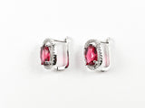 Beautiful Layered Oval Shape Center Ruby Color CZ Latch Back Silver Earrings