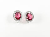 Beautiful Layered Oval Shape Center Ruby Color CZ Latch Back Silver Earrings