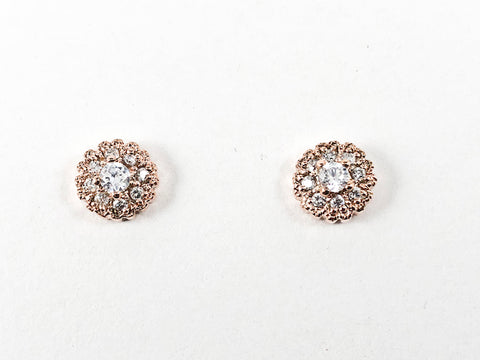 Beautiful Dainty Round Shape Layered CZ Pink Gold Tone Silver Earrings