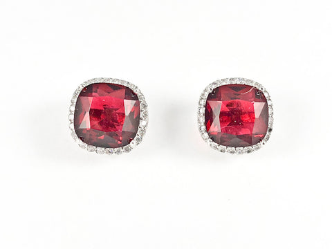 Beautiful Classic Layered Center Square Shape Red CZ Silver Earrings