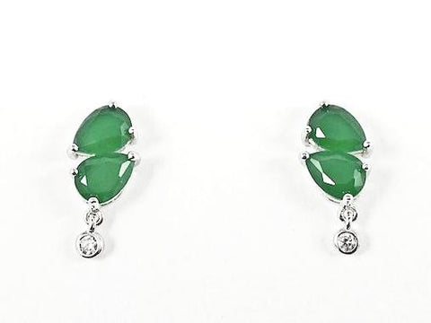 Beautiful Jade CZ Bezel Drop Silver Earrings