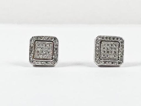 Elegant Fine Pave Style Settings Square Stud CZ Silver Earrings