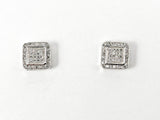 Elegant Fine Pave Style Settings Square Stud CZ Silver Earrings