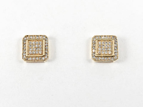 Elegant Fine Pave Style Settings Square Stud CZ Gold Tone Silver Earrings