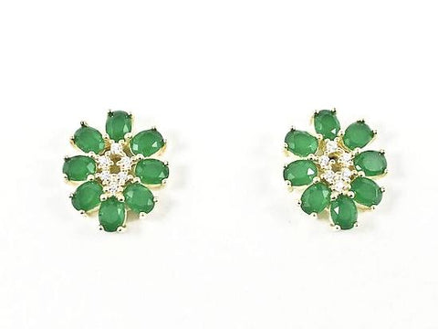 Beautiful Oval Shape Floral Design Jade CZ Gold Tone Silver Earrings