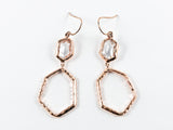 Unique Textured Hexagon Shape Dangle Pink Gold Tone Silver Earrings