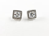 Elegant Layered Square Center CZ Silver Stud Earrings