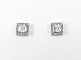 Elegant Layered Square Center CZ Silver Stud Earrings