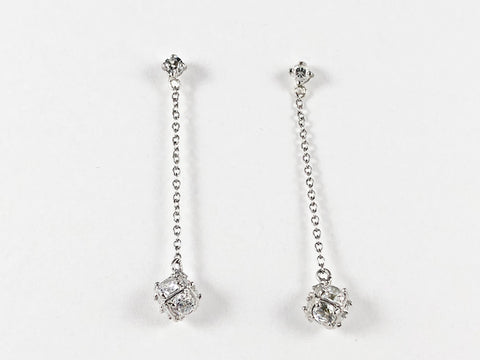 Thin Chain With Unique Cube CZ Dangle Silver Earrings