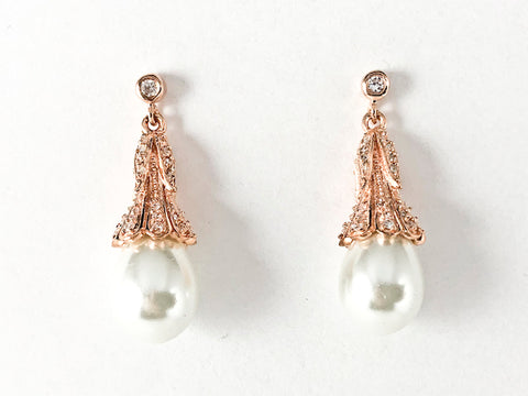 Elegant Bezel CZ Unique Design Pearl Dangle Pink Gold Tone Silver Earrings