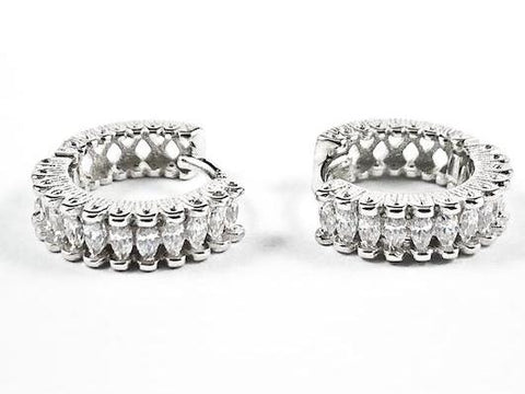 Elegant Fine Textured CZ Huggie Silver Earrings