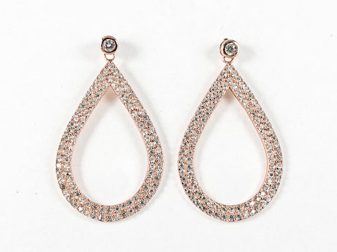 Elegant Fancy Large Oval Shape Pave Style CZ Drop Pink Gold Tone Silver Earrings