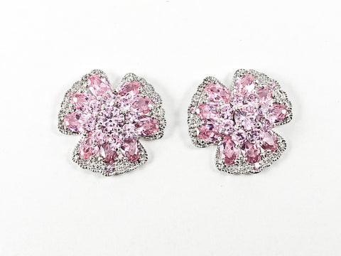 Beautiful Detailed Floral Pink CZs Silver Earrings