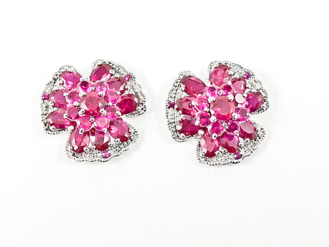 Elegant Unique Floral Shape Ruby Color CZ Silver Earrings
