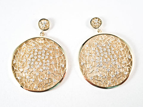 Elegant Large Round Web CZ Design Pattern Dangle Gold Tone Silver Earrings