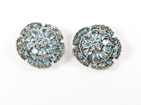 Beautiful Large Round Floral Elegant Setting Aquamarine Color CZ Stud Silver Earrings