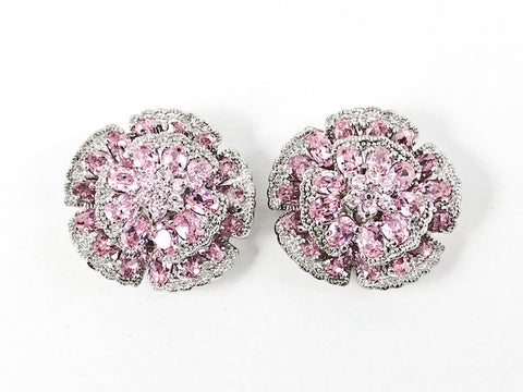 Beautiful Large Round Floral Elegant Setting Pink Color CZ Stud Silver Earrings