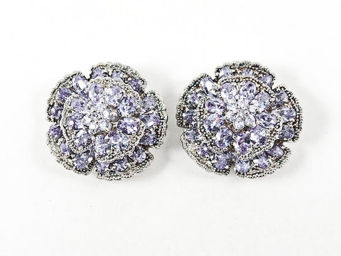Beautiful Large Round Floral Elegant Setting Purple Color CZ Stud Silver Earrings