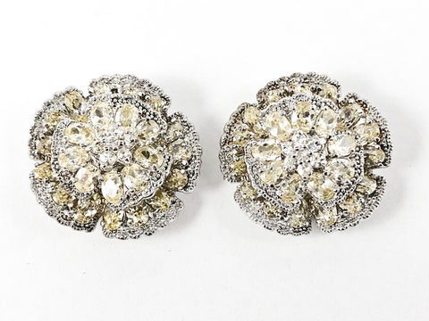 Beautiful Large Round Floral Elegant Setting Yellow Color CZ Stud Silver Earrings